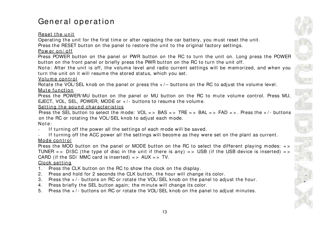 SoundMax SM-CMD3005 instruction manual General operation 