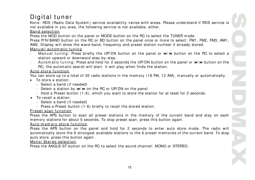 SoundMax SM-CMD3005 instruction manual Digital tuner 