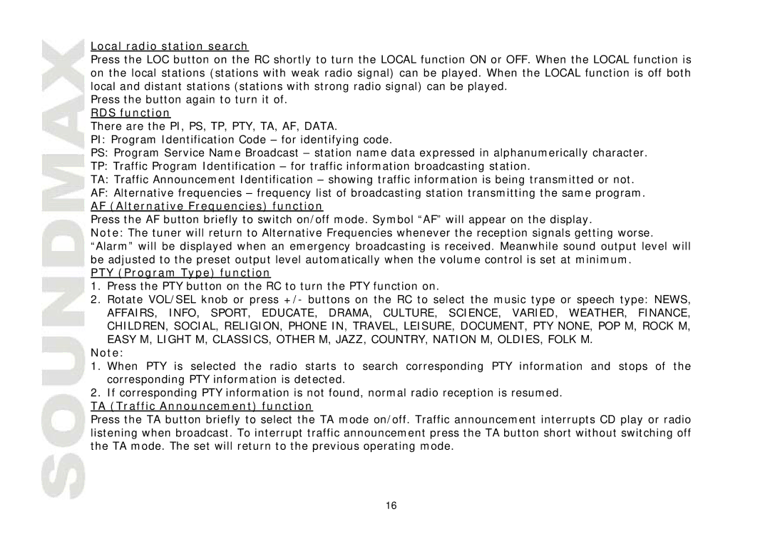 SoundMax SM-CMD3005 instruction manual Local radio station search, RDS function, AF Alternative Frequencies function 