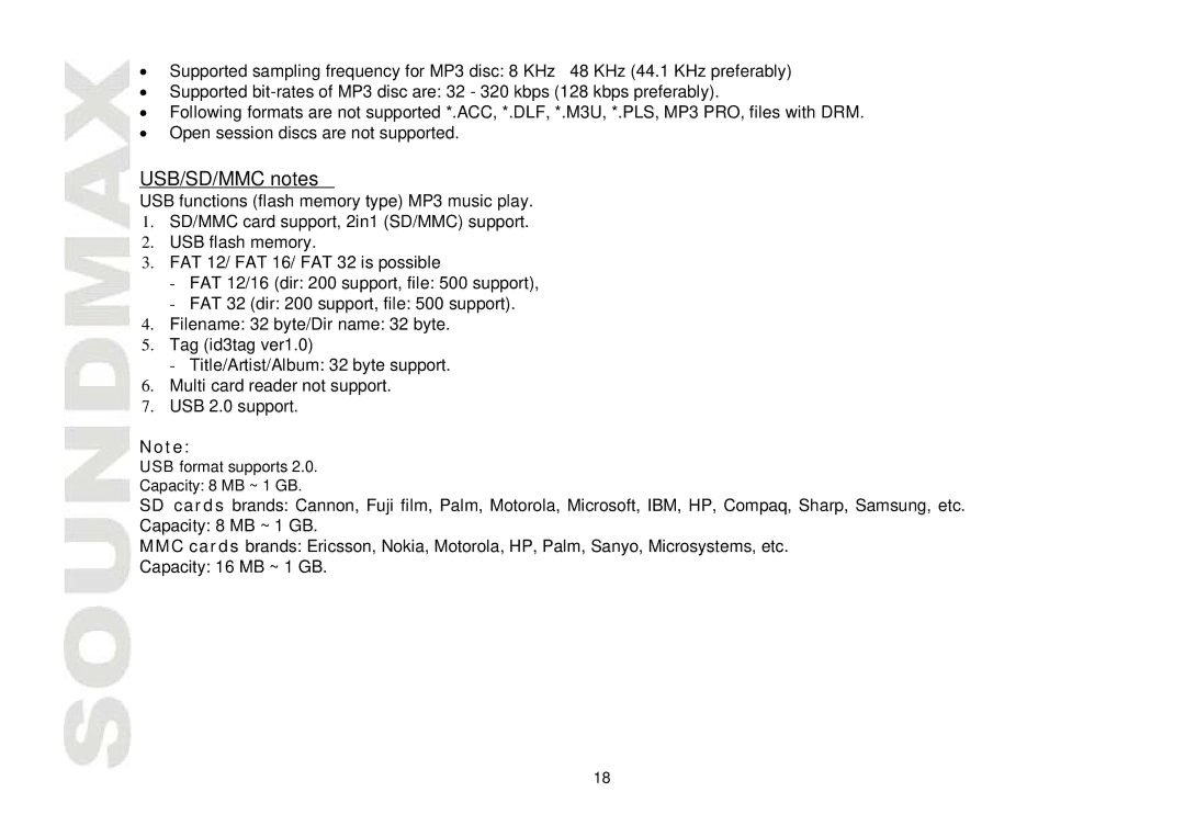 SoundMax SM-CMD3005 instruction manual USB/SD/MMC notes 