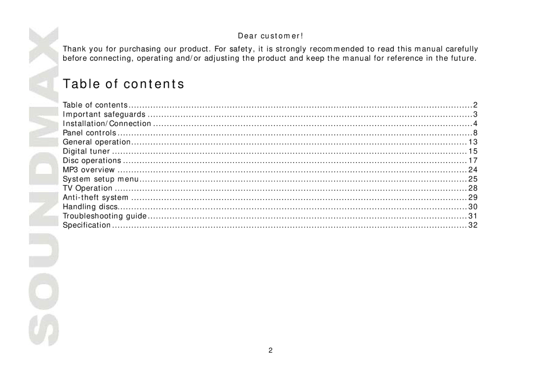 SoundMax SM-CMD3005 instruction manual Table of contents 