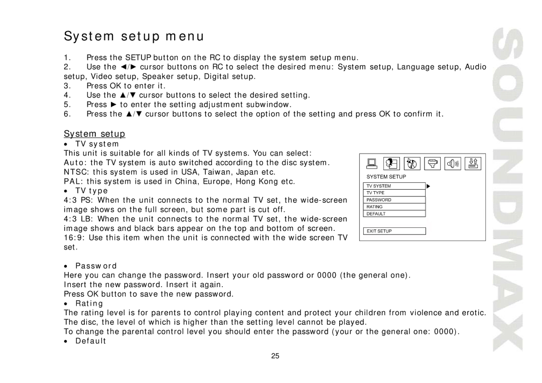 SoundMax SM-CMD3005 instruction manual System setup menu 