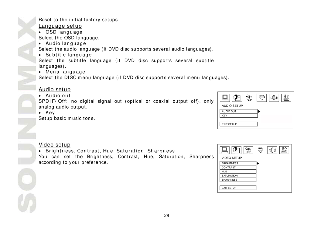 SoundMax SM-CMD3005 instruction manual Language setup, Audio setup, Video setup 