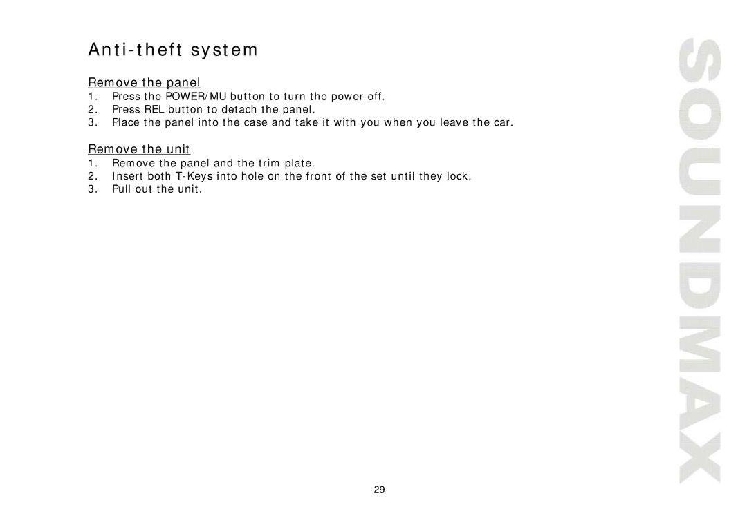 SoundMax SM-CMD3005 instruction manual Anti-theft system, Remove the panel, Remove the unit 