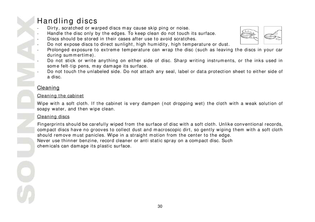 SoundMax SM-CMD3005 instruction manual Handling discs, Cleaning 