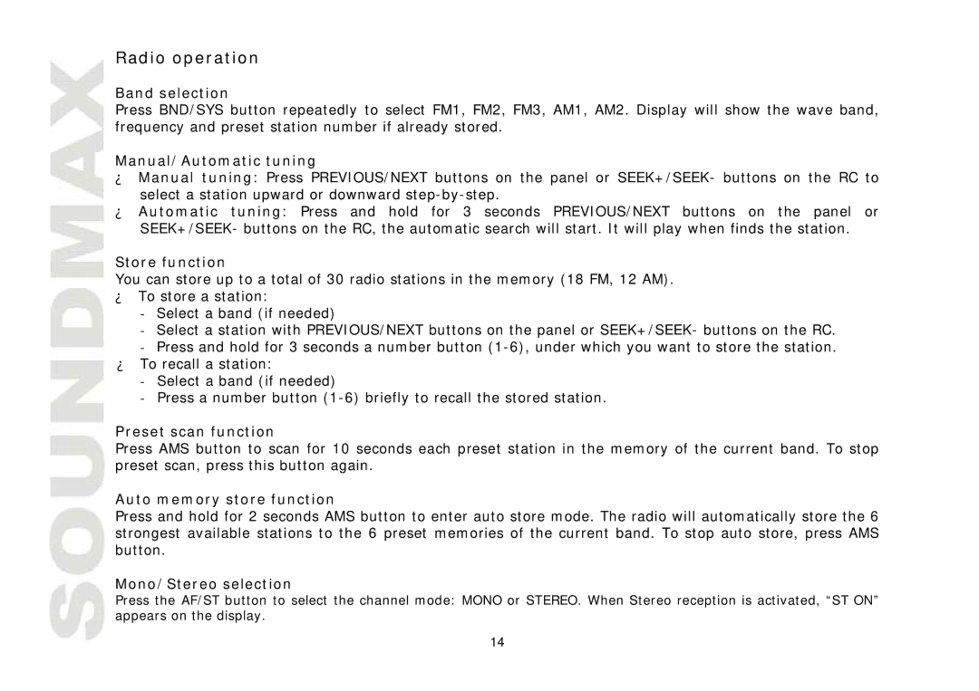 SoundMax SM-CMD3011 instruction manual Radio operation 