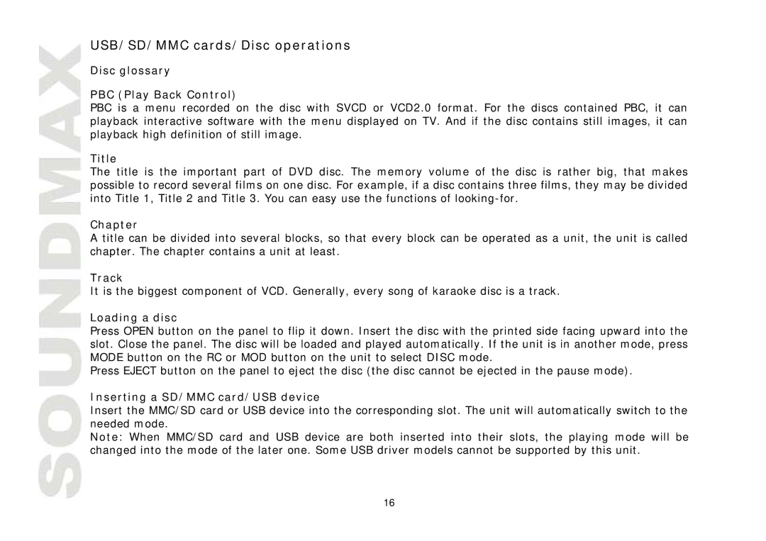 SoundMax SM-CMD3011 instruction manual USB/SD/MMC cards/Disc operations 