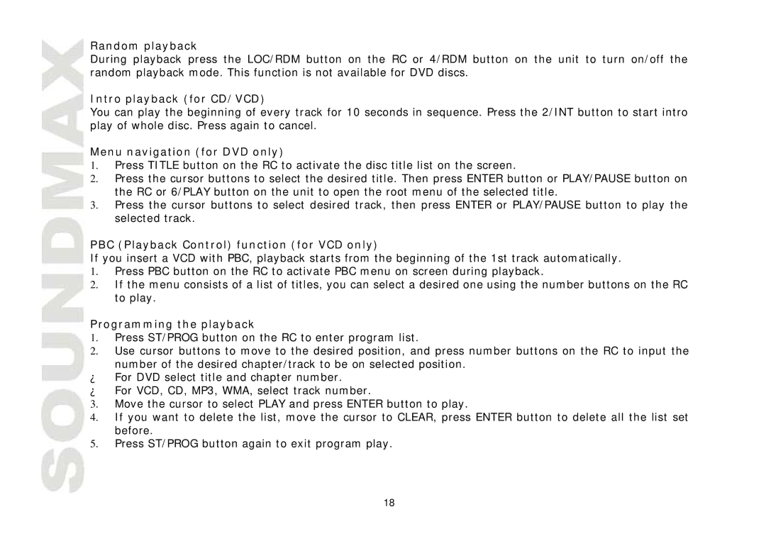 SoundMax SM-CMD3011 Random playback, Intro playback for CD/VCD, Menu navigation for DVD only, Programming the playback 