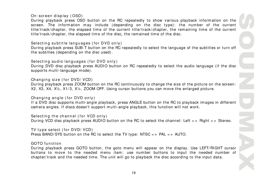 SoundMax SM-CMD3011 On-screen display OSD, Selecting subtitle languages for DVD only, Changing size for DVD/VCD 