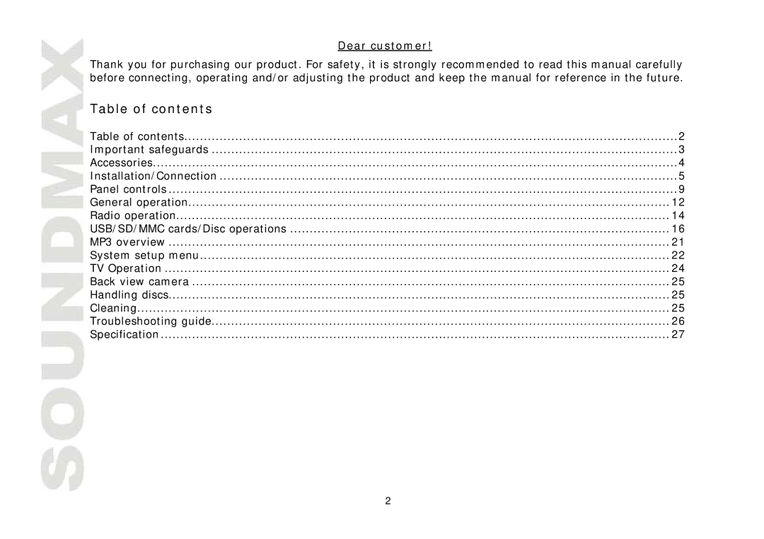 SoundMax SM-CMD3011 instruction manual Table of contents 