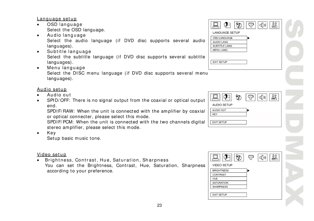 SoundMax SM-CMD3011 Language setup OSD language, Audio language, Subtitle language, Menu language, Audio setup Audio out 