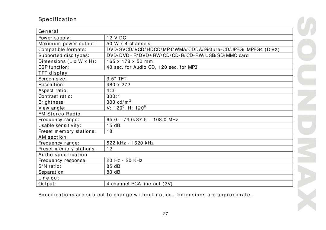 SoundMax SM-CMD3011 instruction manual Specification 