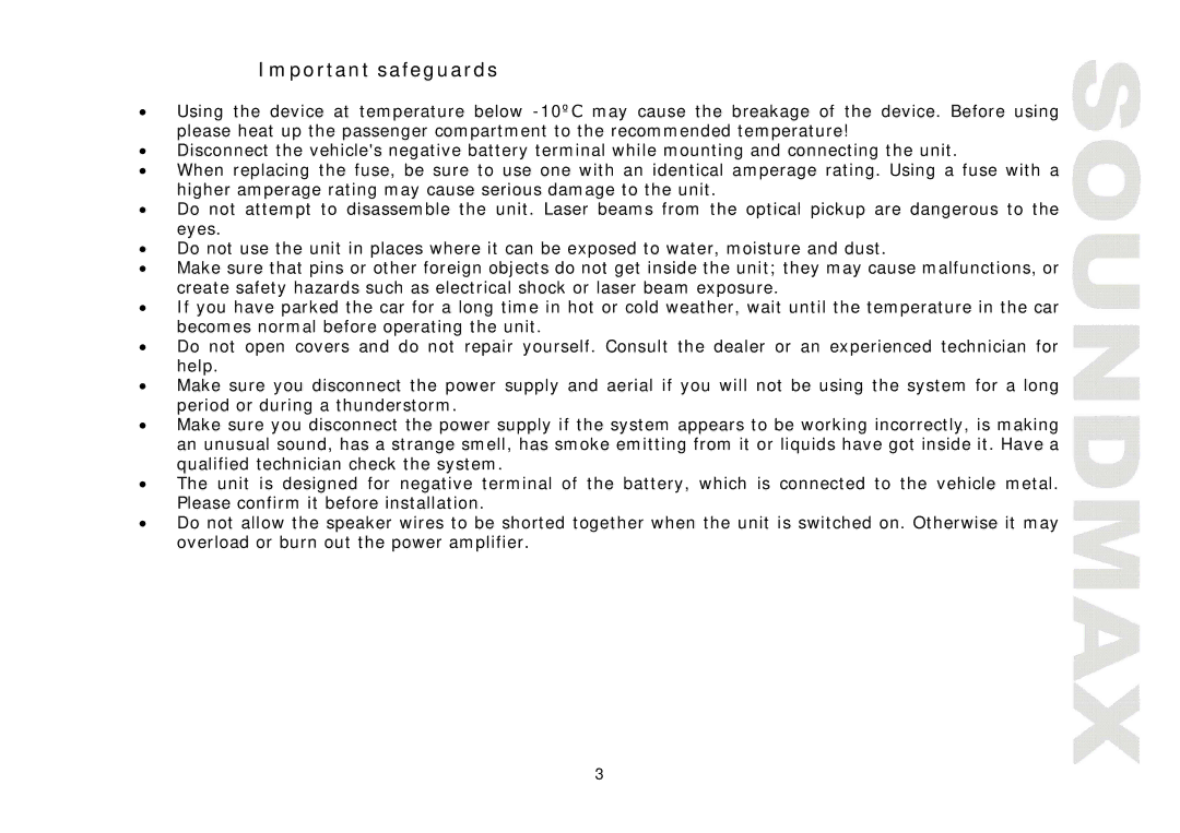 SoundMax SM-CMD3011 instruction manual Important safeguards 