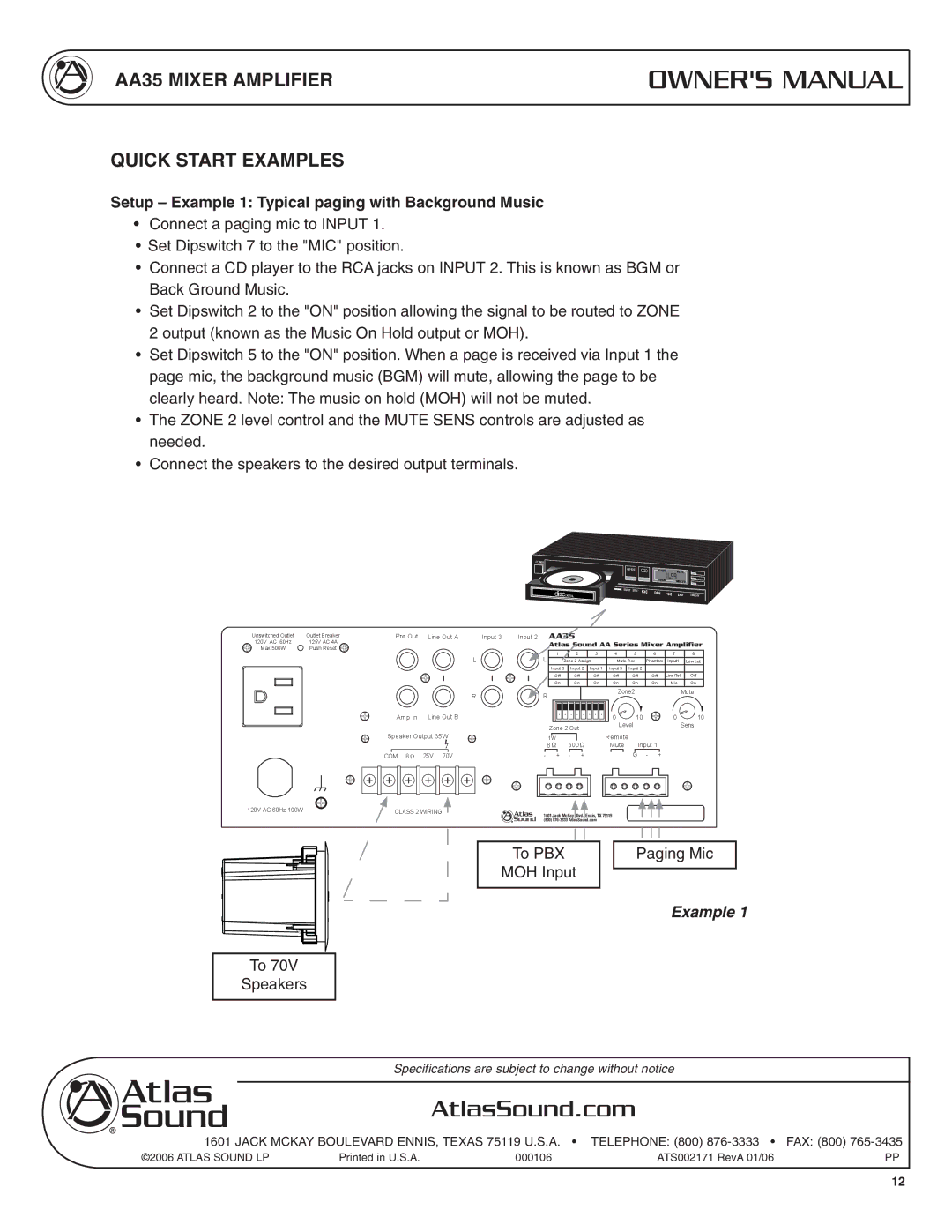 Soundolier AA35 Mixer Amplifier Quick Start Examples, Setup Example 1 Typical paging with Background Music 