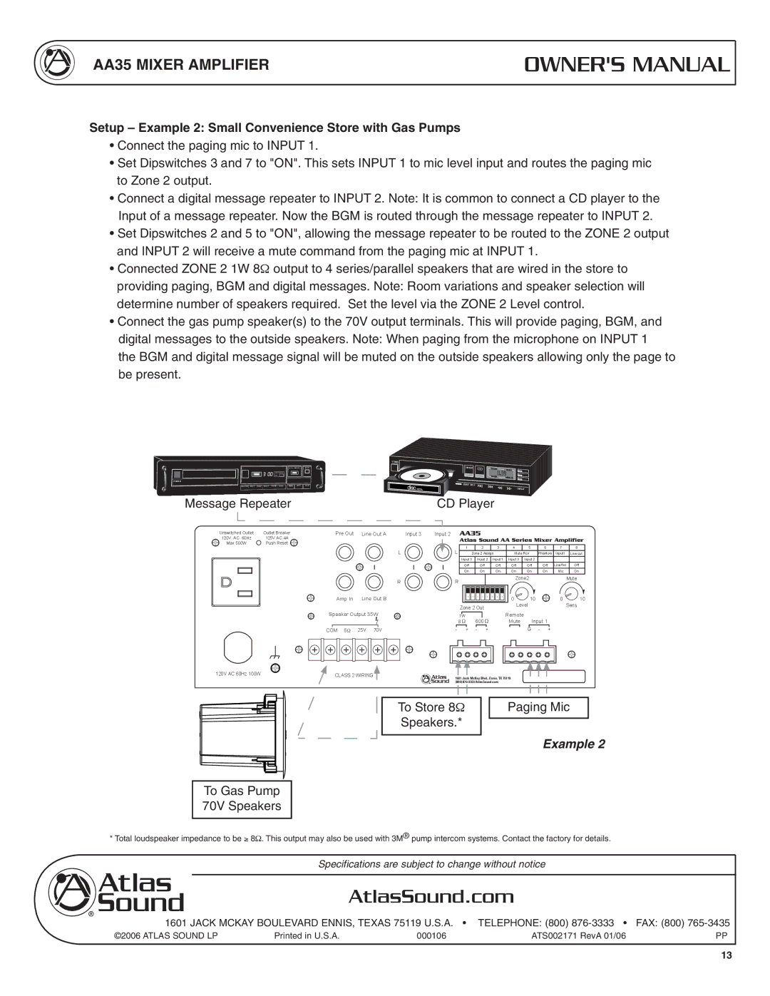 Soundolier AA35 specifications Setup Example 2 Small Convenience Store with Gas Pumps, Mute 