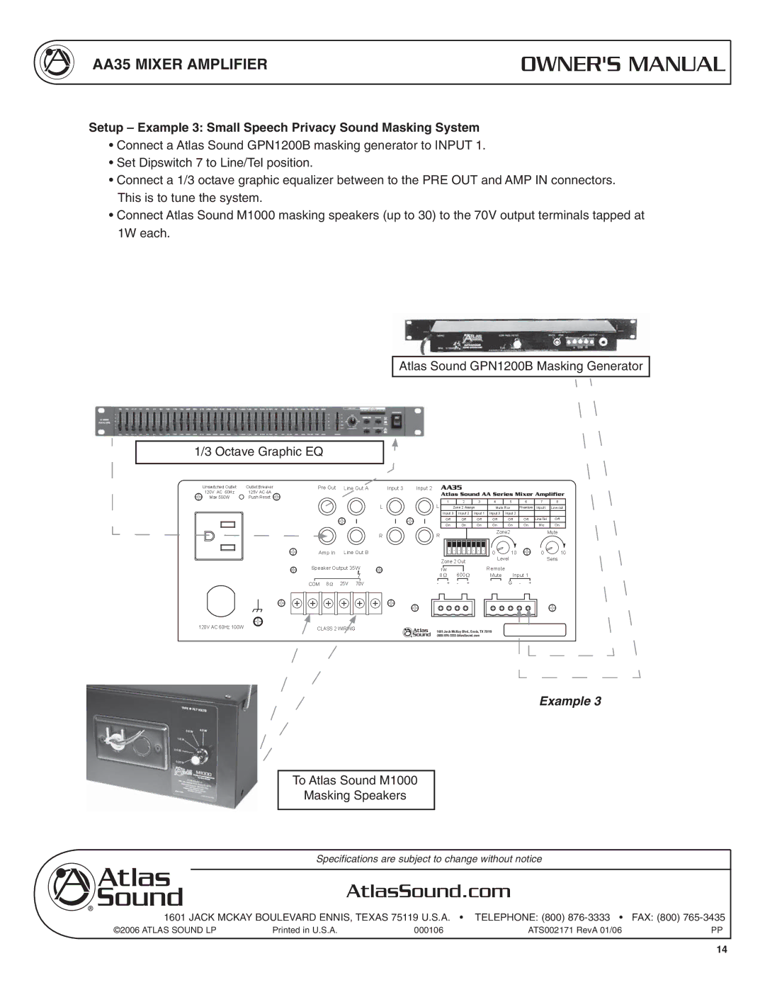 Soundolier AA35 specifications Setup Example 3 Small Speech Privacy Sound Masking System 