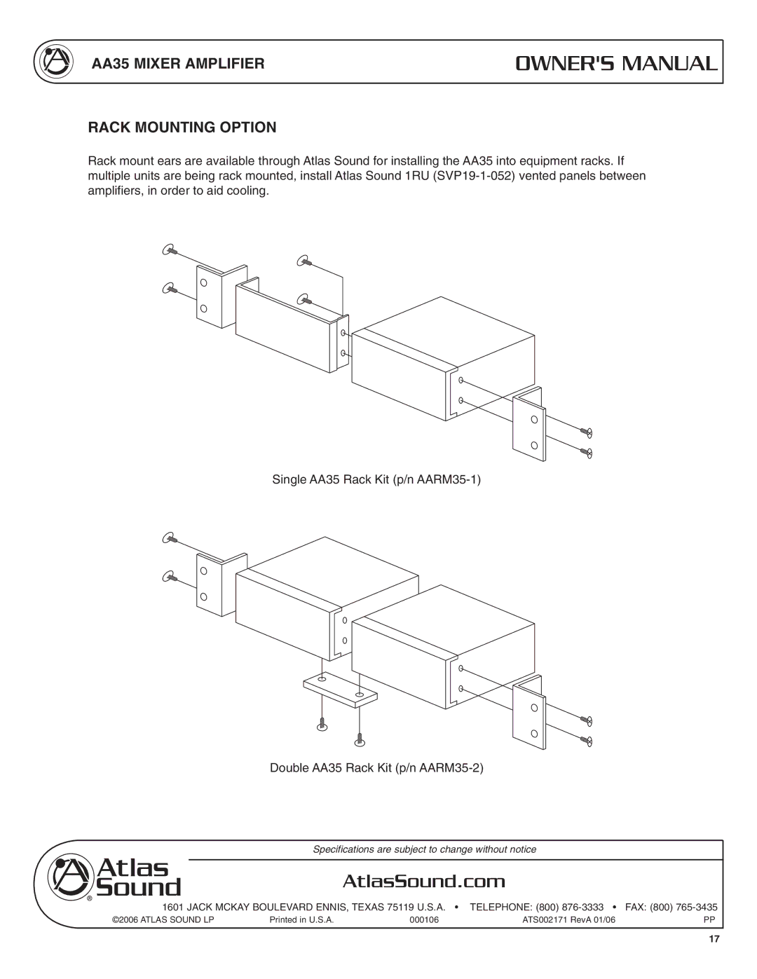 Soundolier specifications AA35 Mixer Amplifier Rack Mounting Option 