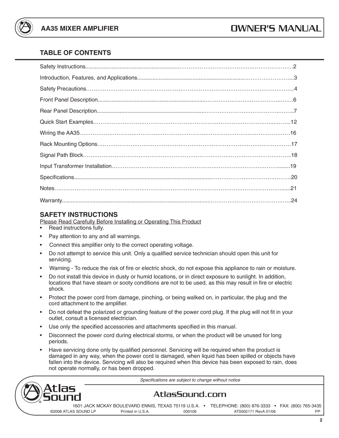 Soundolier specifications AA35 Mixer Amplifier Table of Contents, Safety Instructions 