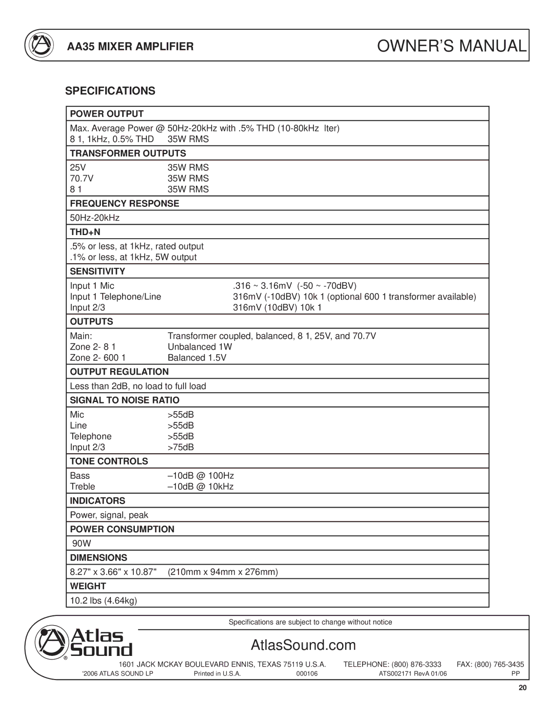 Soundolier specifications AA35 Mixer Amplifier Specifications, Sensitivity 