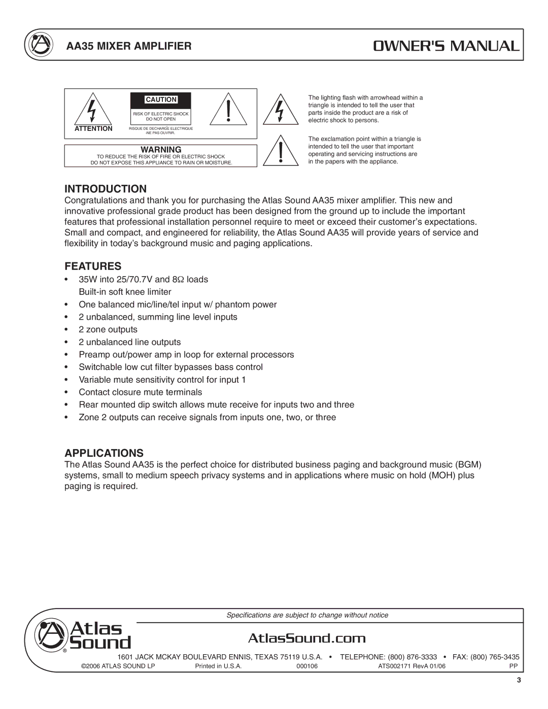 Soundolier AA35 specifications Introduction, Features, Applications 