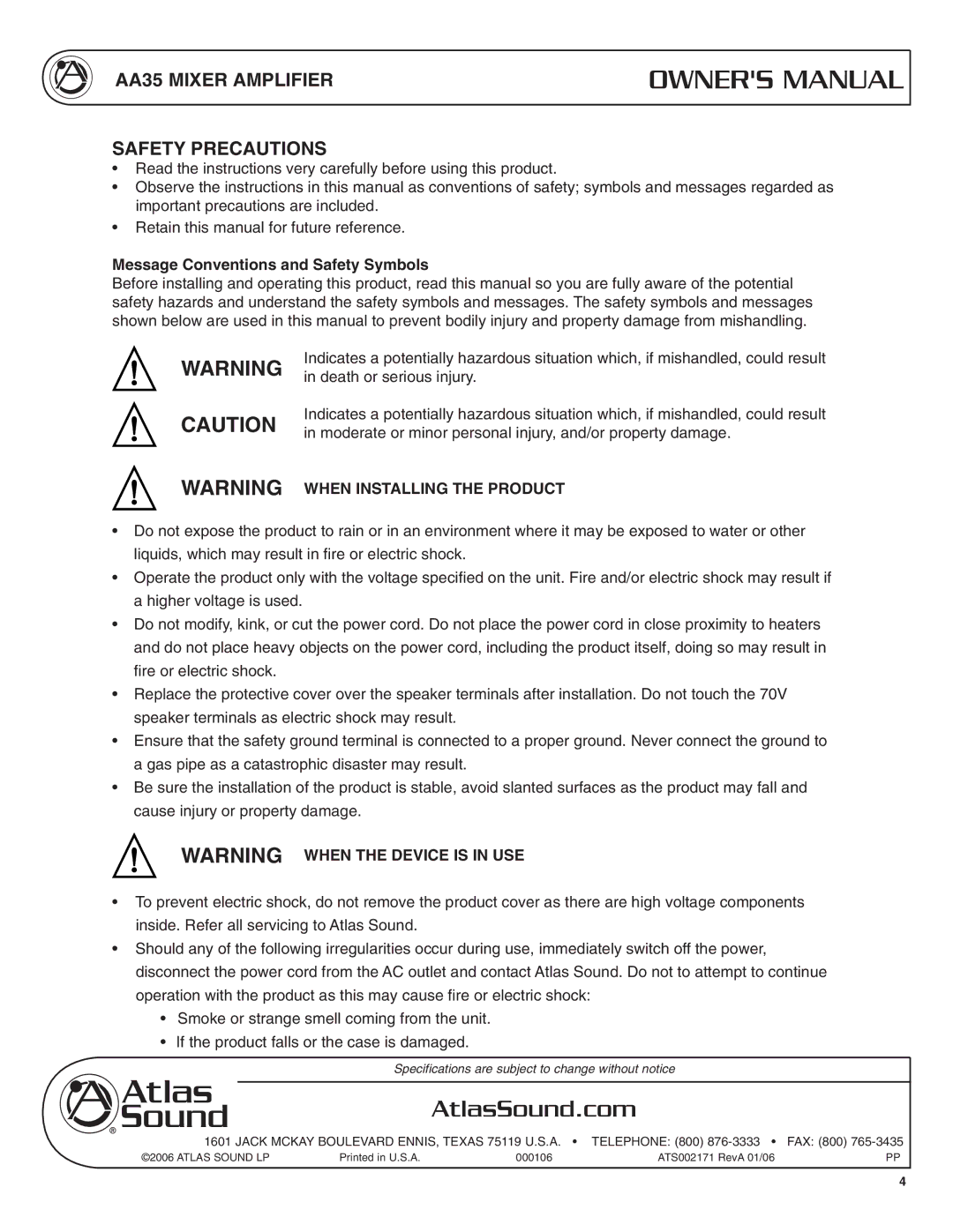 Soundolier specifications AA35 Mixer Amplifier Safety Precautions, Message Conventions and Safety Symbols 