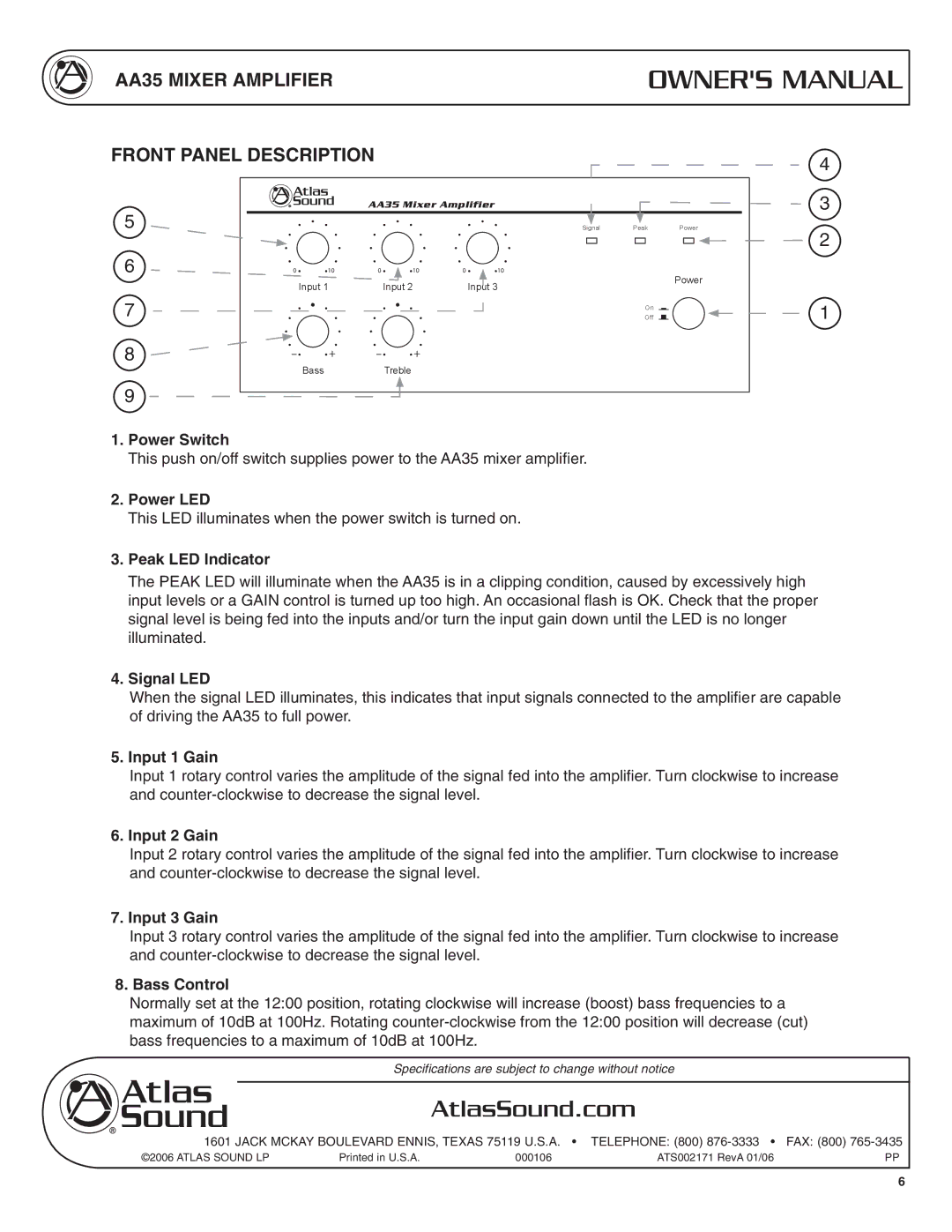 Soundolier specifications AA35 Mixer Amplifier Front Panel Description 