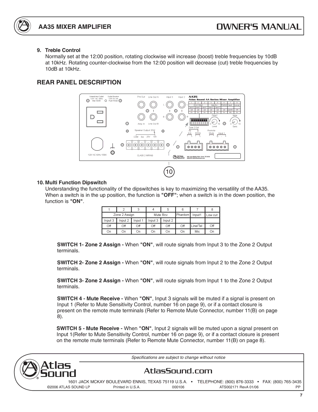 Soundolier AA35 specifications Rear Panel Description, Treble Control, Multi Function Dipswitch 