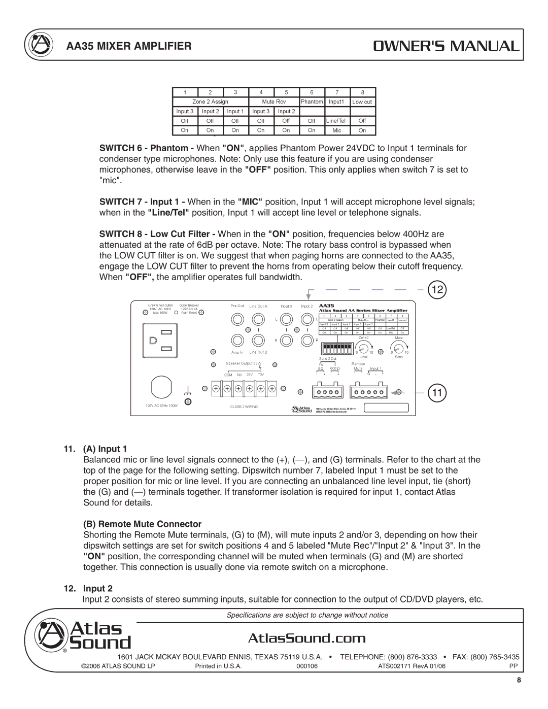 Soundolier AA35 specifications Input, Remote Mute Connector 