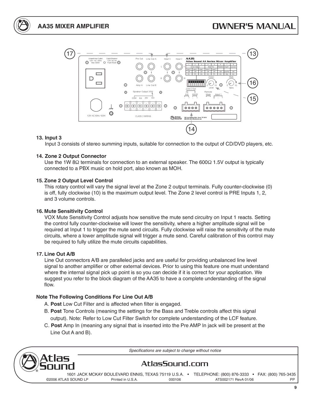 Soundolier AA35 specifications Zone 2 Output Connector, Zone 2 Output Level Control, Mute Sensitivity Control, Line Out A/B 