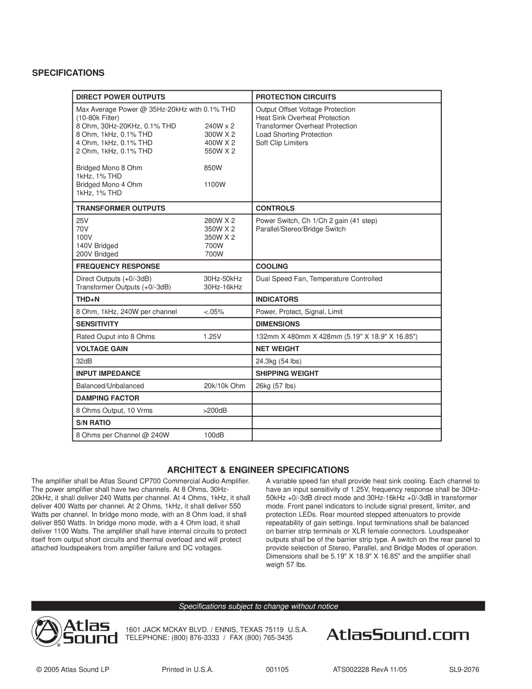 Soundolier CP700 specifications Architect & Engineer Specifications 