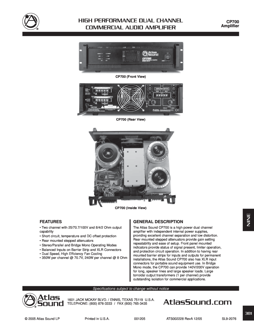 Soundolier specifications CP700 Amplifier, Features, General Description, High Performance Dual Channel, Nine 