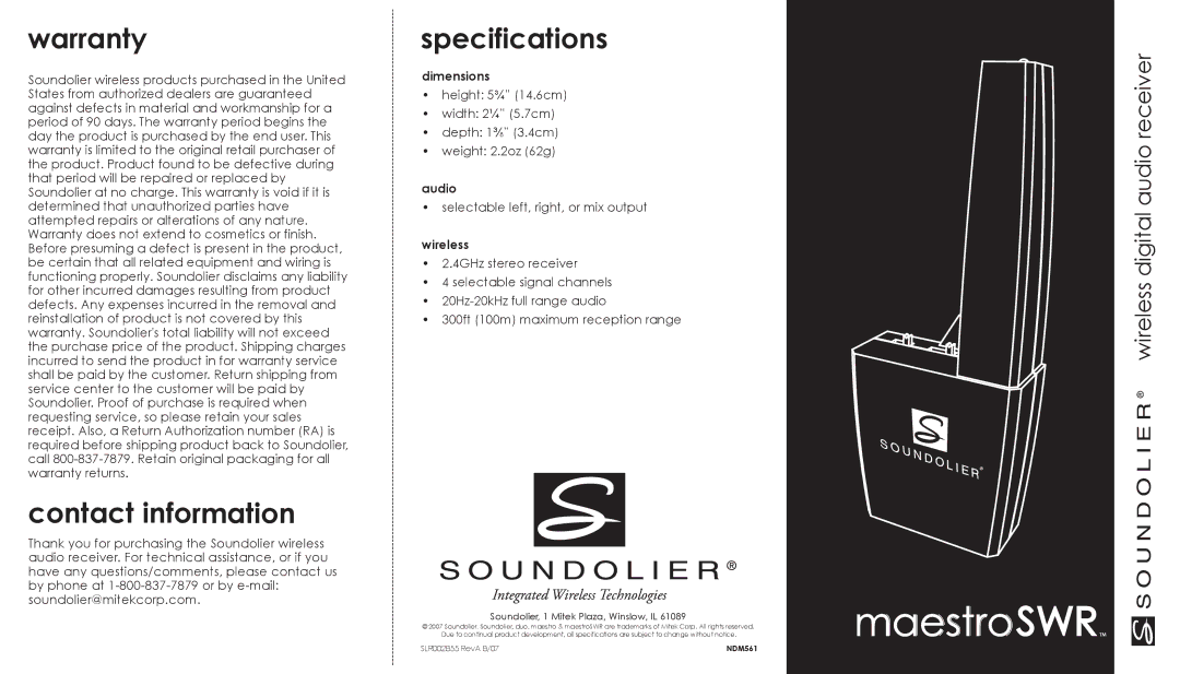 Soundolier Maestro SWR Wireless Speaker Lamp specifications Warranty, Contact information, Specifications 