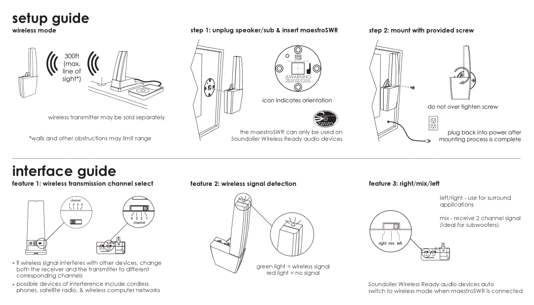 Soundolier Maestro SWR Wireless Speaker Lamp Interface guide, Setup guide, Feature 1 wireless transmission channel select 