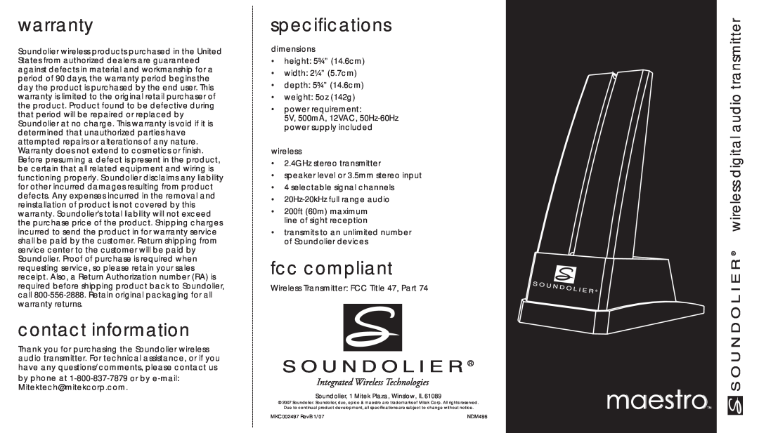 Soundolier Maestro Wireless Speaker Lamp specifications warranty, contact information, fcc compliant, dimensions, wireless 