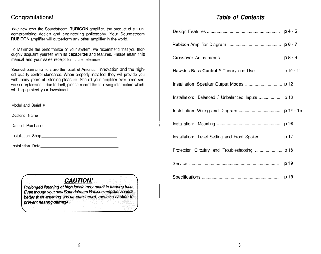 Soundstream Technologies 502, 1002, 702 owner manual Table of Contents 