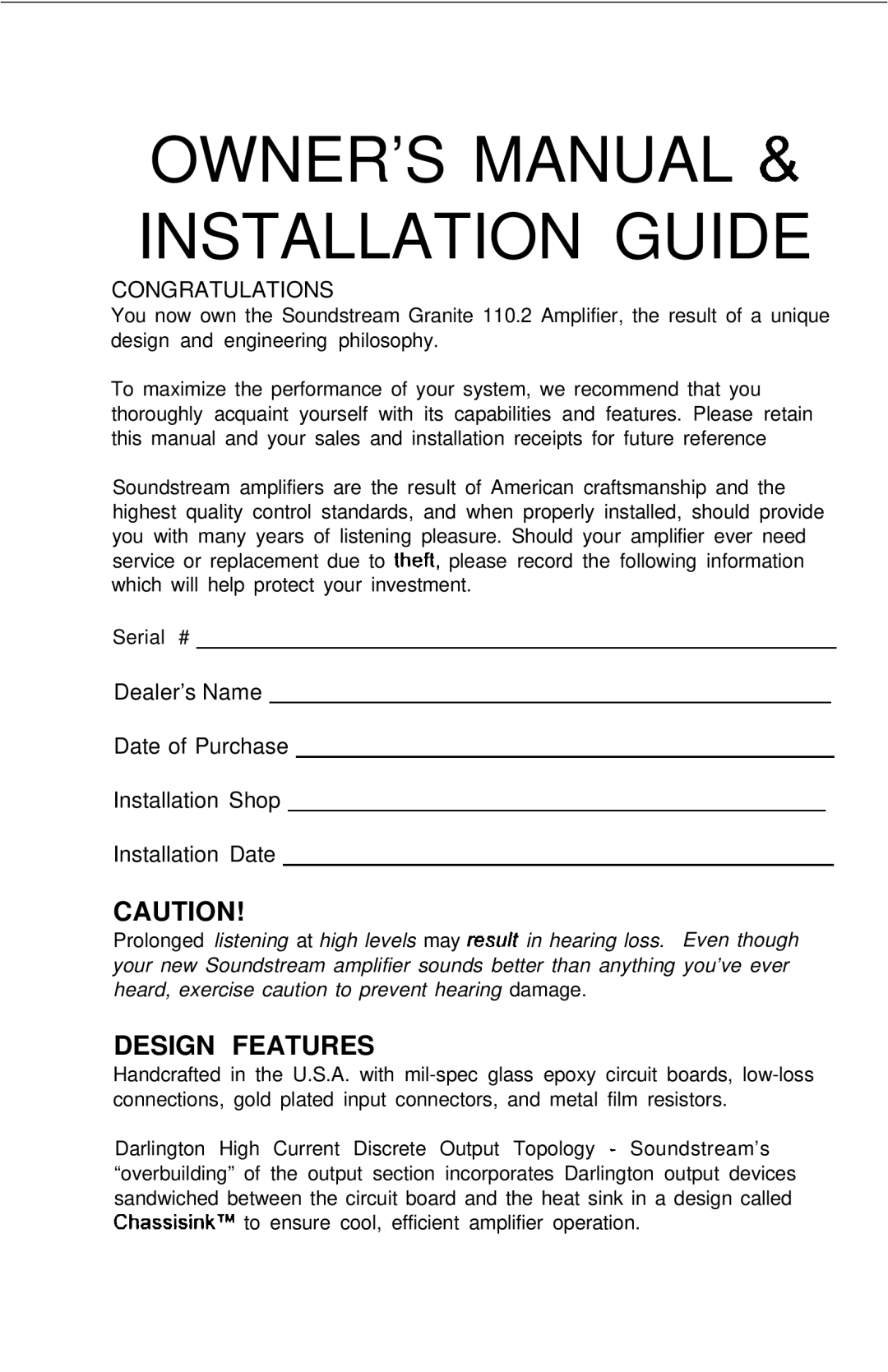 Soundstream Technologies 110.2 manual Design Features, Congratulations 