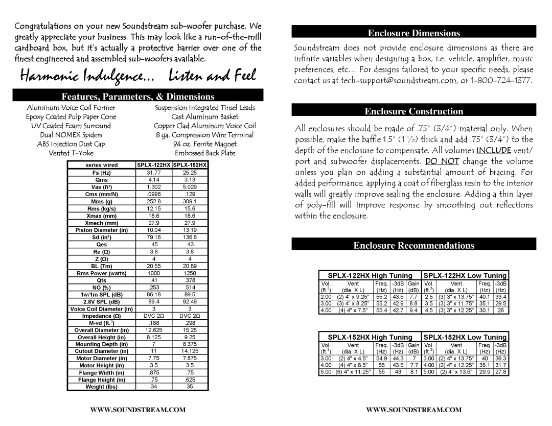 Soundstream Technologies 122-152 manual Features, Parameters, & Dimensions, Enclosure Dimensions, Enclosure Construction 