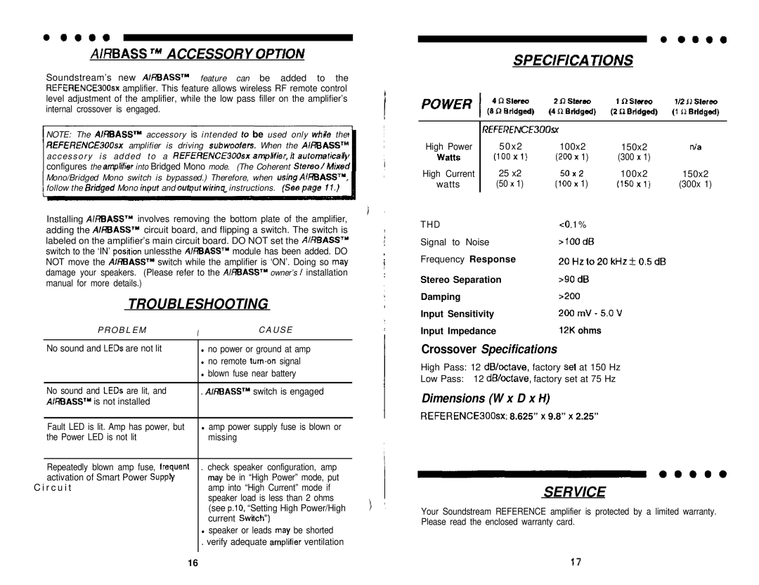 Soundstream Technologies 300SX manual Airbass TM Accessory OPT/ON, Troubleshooting, Service 