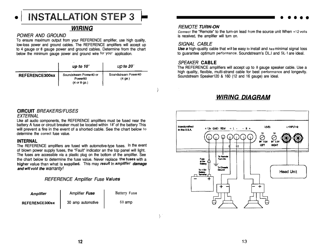 Soundstream Technologies 300SX manual Wiring Diagram, Internal, oaoo, Power And Ground, REFERENCE Amplifier Fuse Values 