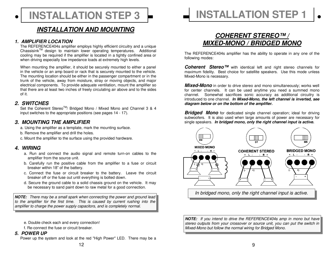 Soundstream Technologies 404s owner manual Installation and Mounting, Coherent Stereo MIXED-MONO / Bridged Mono 