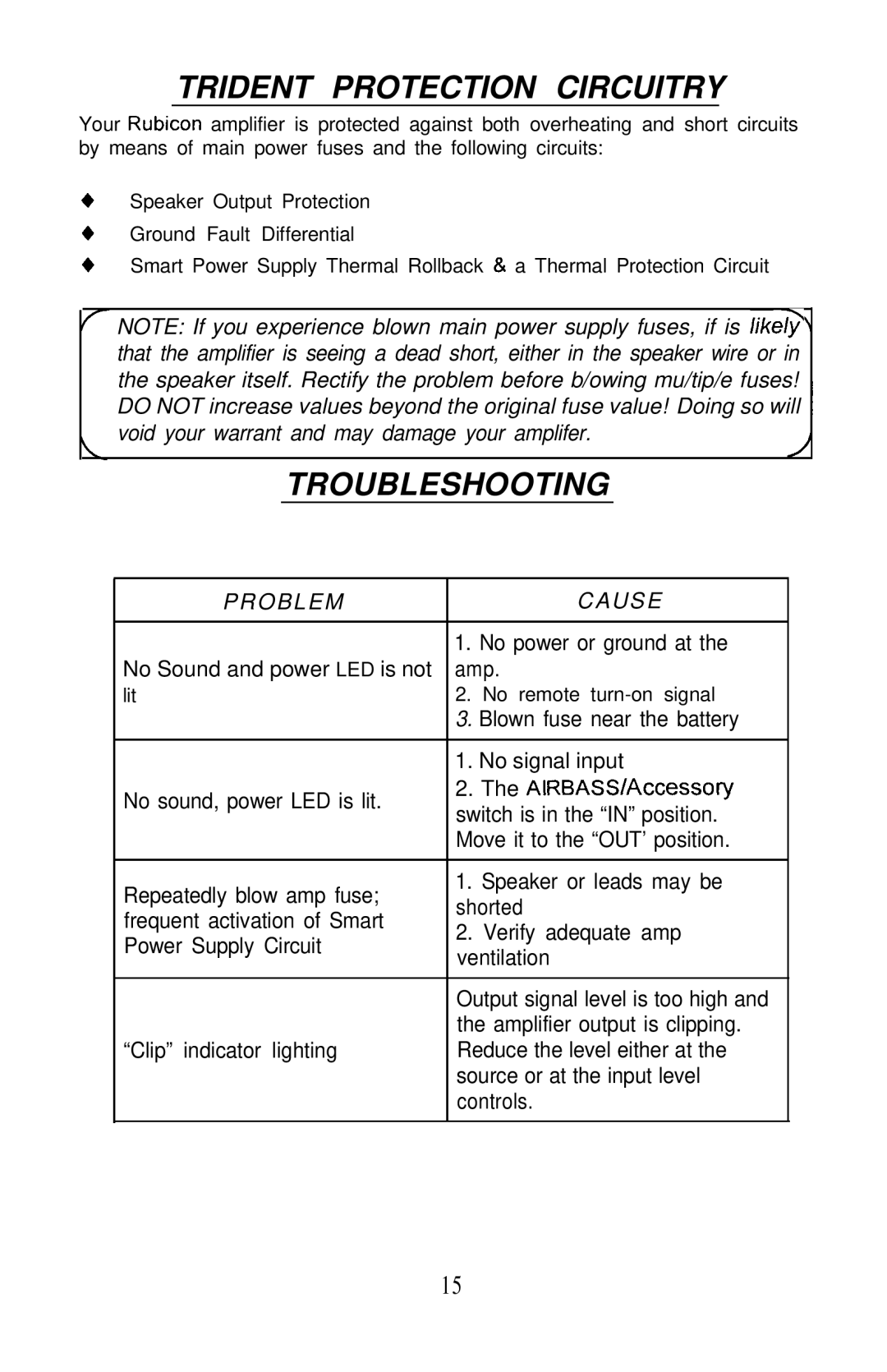 Soundstream Technologies 501 owner manual Trident Protection Circuitry, Troubleshooting 