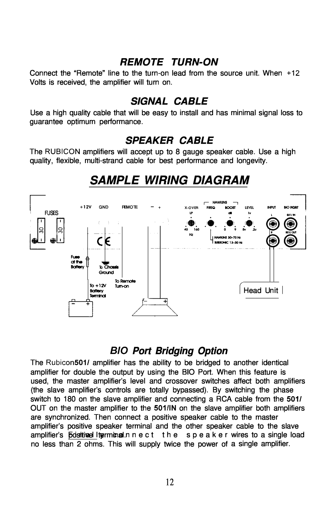 Soundstream Technologies 501 Sample Wiring Diagram, Remote Turn-On, Signal Cable, Speaker Cable, B/O Port Bridging Option 
