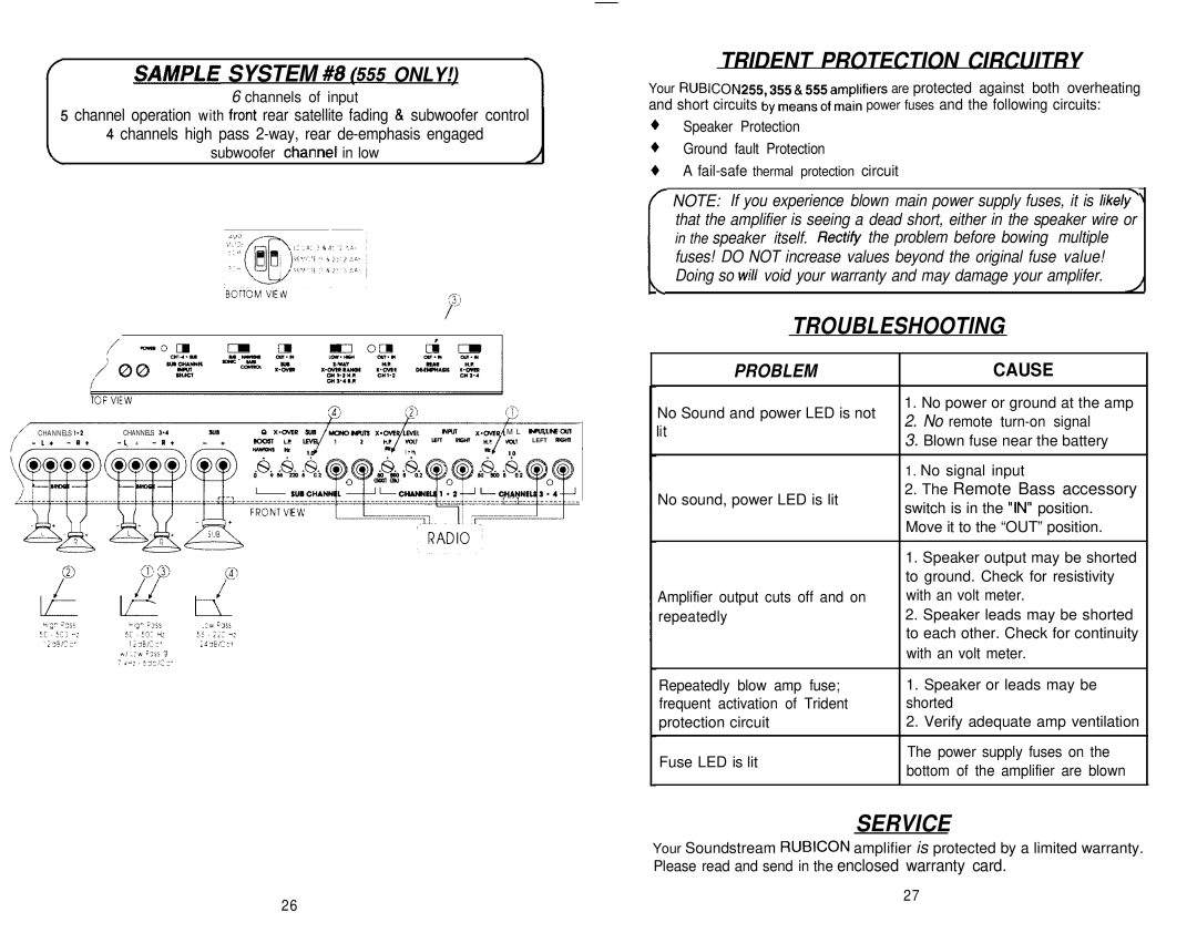 Soundstream Technologies 355, 255 Sample System #8 555 only, Trident Protection Circuitry, Troubleshooting, Service 