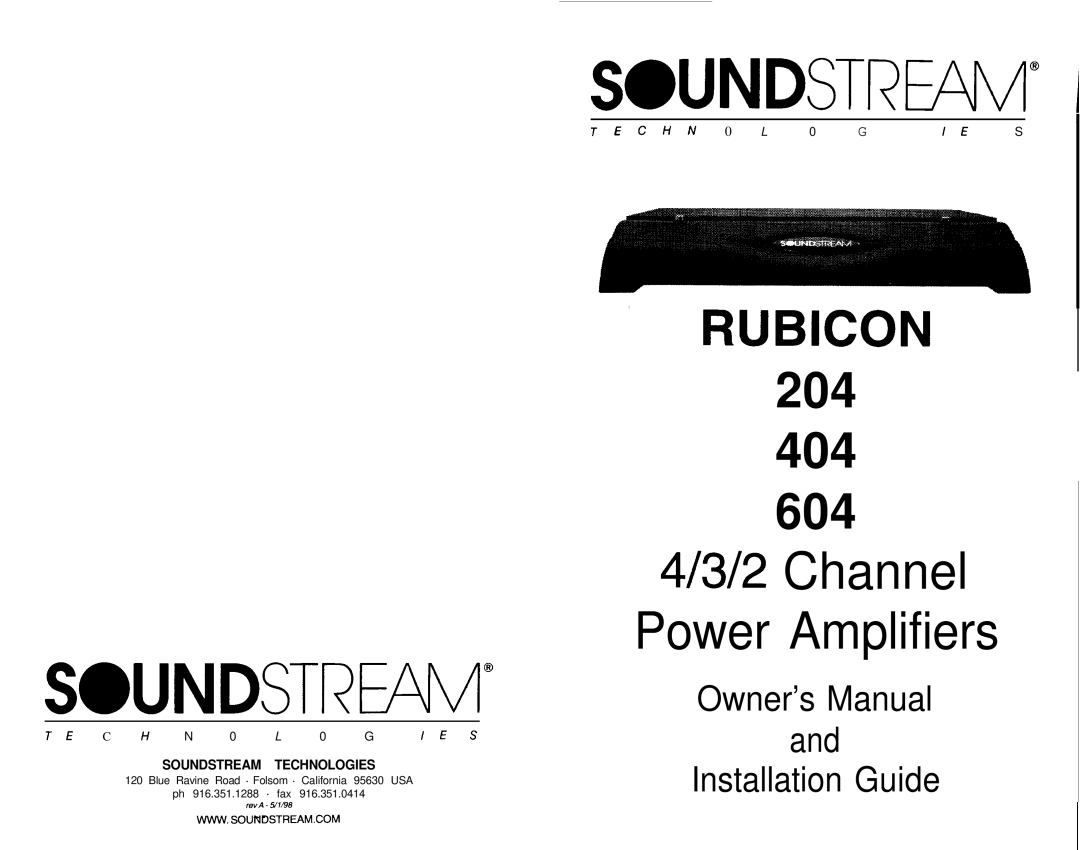 Soundstream Technologies 204, 604, 404 owner manual Soundstrc@ 