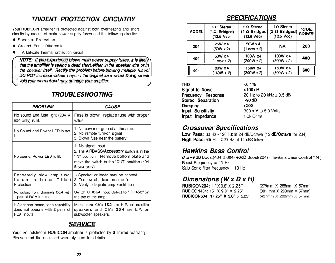 Soundstream Technologies 604, 204, 404 owner manual Trident Protection Circuitry 