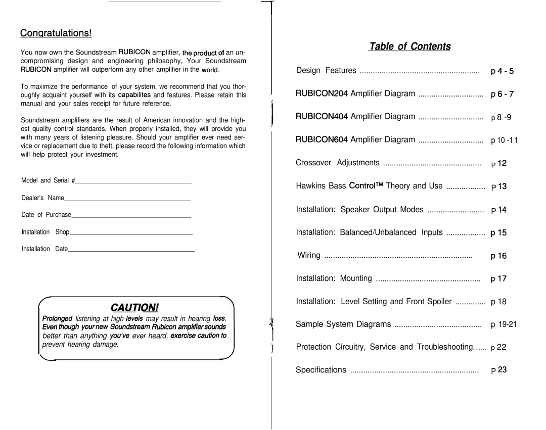 Soundstream Technologies 404, 604, 204 owner manual Table of Contents 