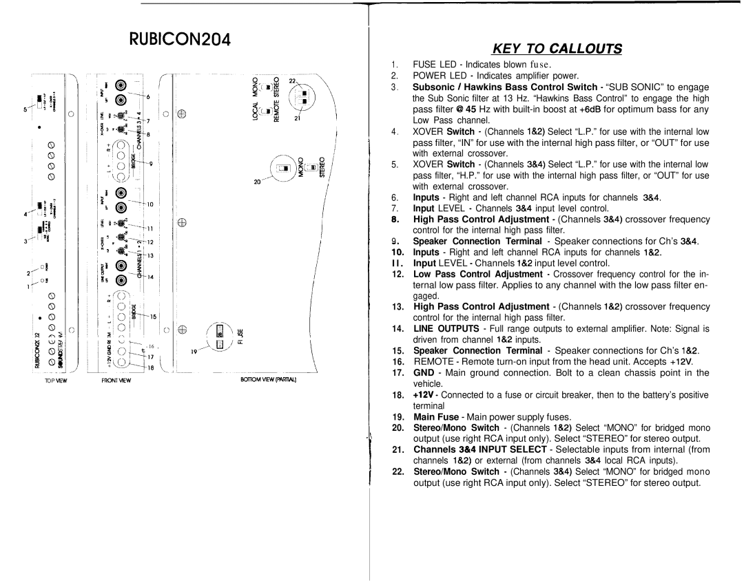 Soundstream Technologies 204, 604, 404 owner manual Rubicon, KEY to Callouts 