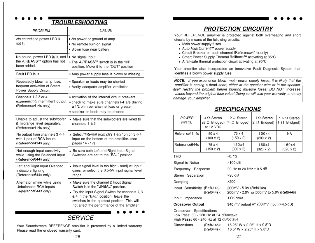 Soundstream Technologies 644s, 414s owner manual Troubleshooting, Protection Circuitry, Specifications 