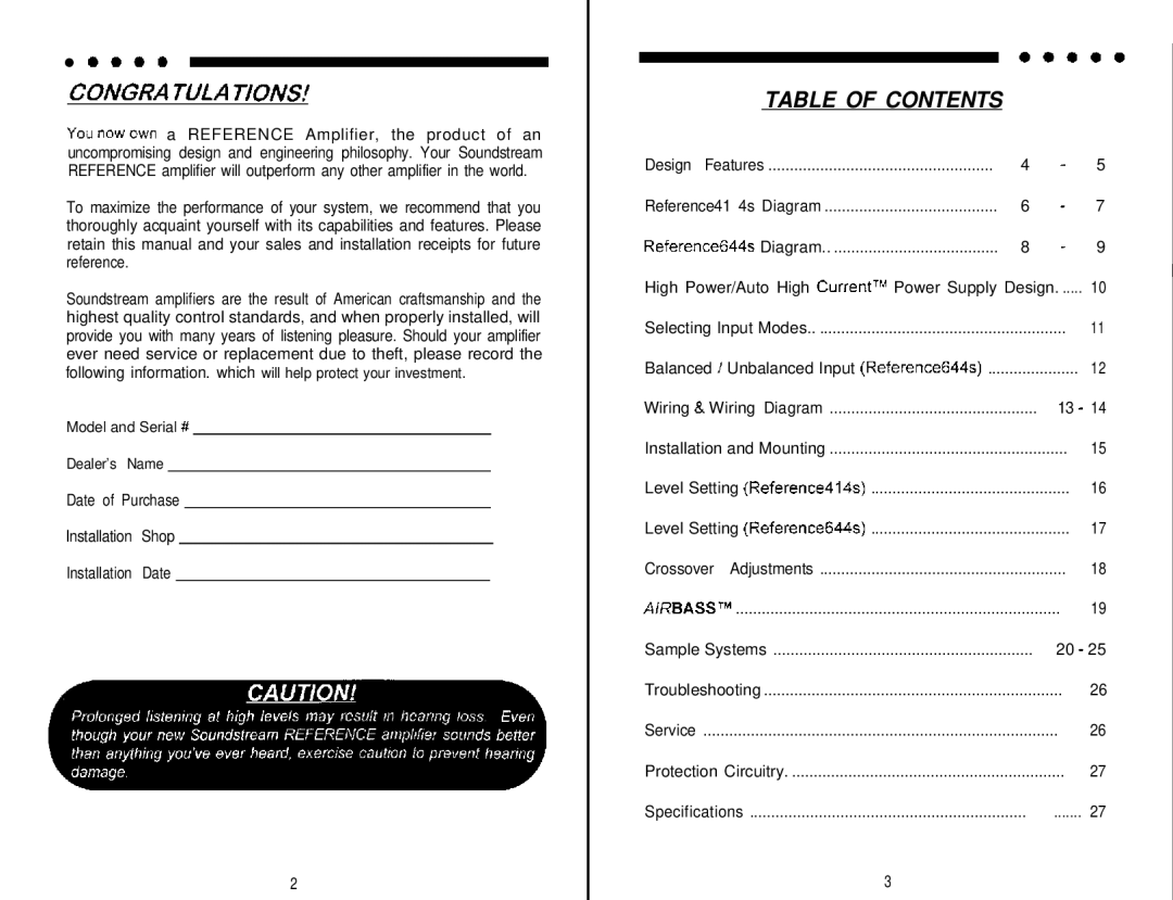 Soundstream Technologies 644s, 414s owner manual Congra Tula Tions, Table of Contents 