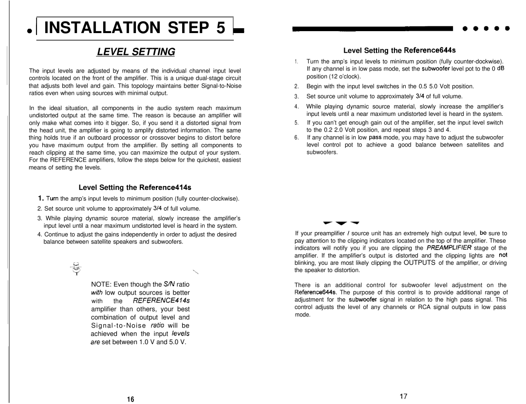 Soundstream Technologies 414s, 644s owner manual Installation L, Level Setting 